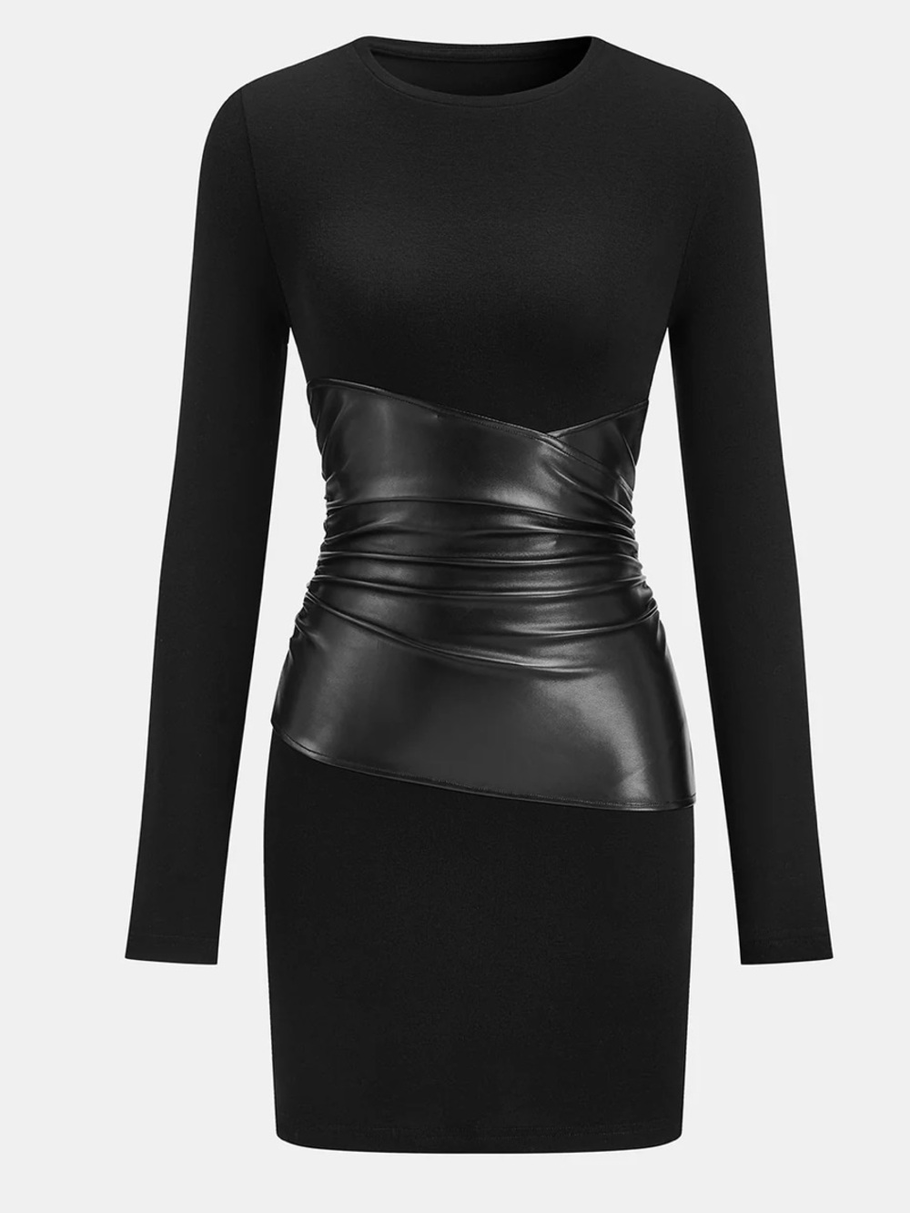 Commense Black Long Sleeve Knit Mini Dress with Faux Leather Waist Panel Size L
